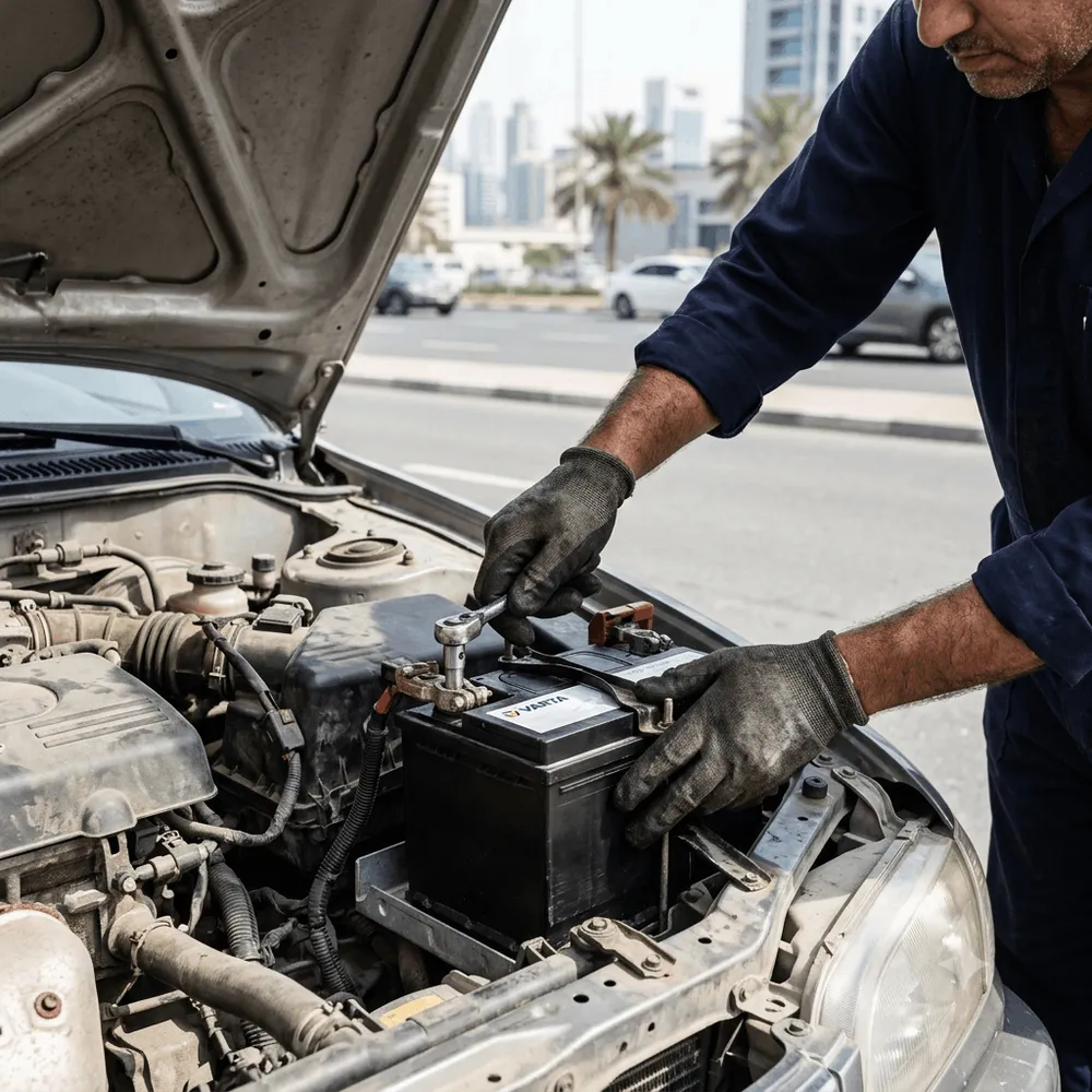Technician tightening the terminal on a newly fitted car battery